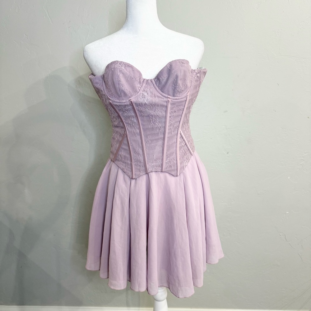 Sz 0 Oh Polly Dusty Lavender pink strapless corset lace Mesh Dress